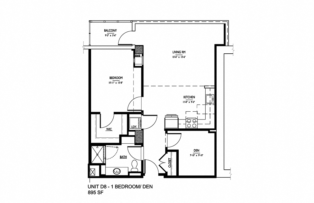Floor plan for 1 bed, 1 bath, 895 sqft